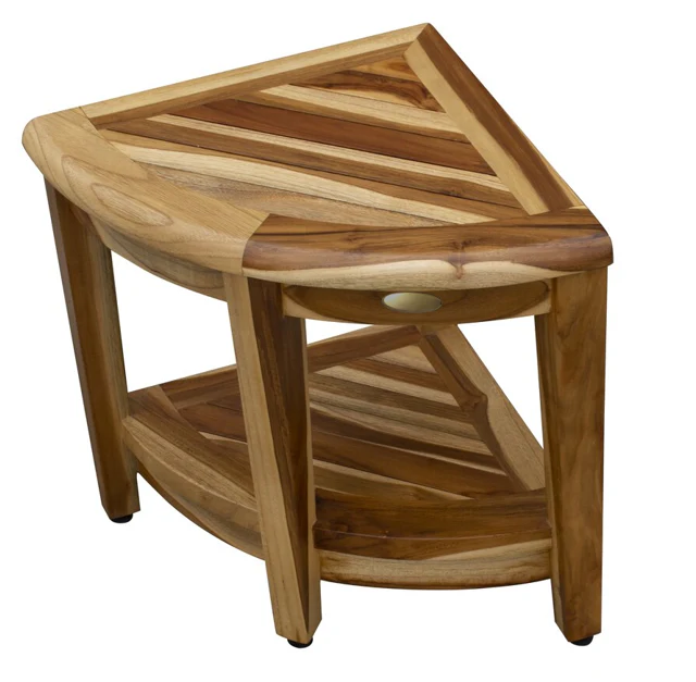 Compact Teak Wide Corner Shower Outdoor Bench with Shelf in Natural Finish By Homeroots - Image 2