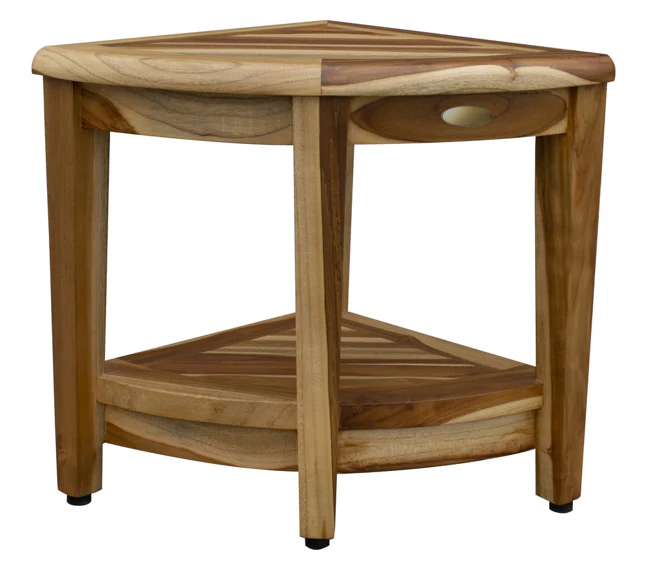 Compact Teak Wide Corner Shower Outdoor Bench with Shelf in Natural Finish By Homeroots - Image 3