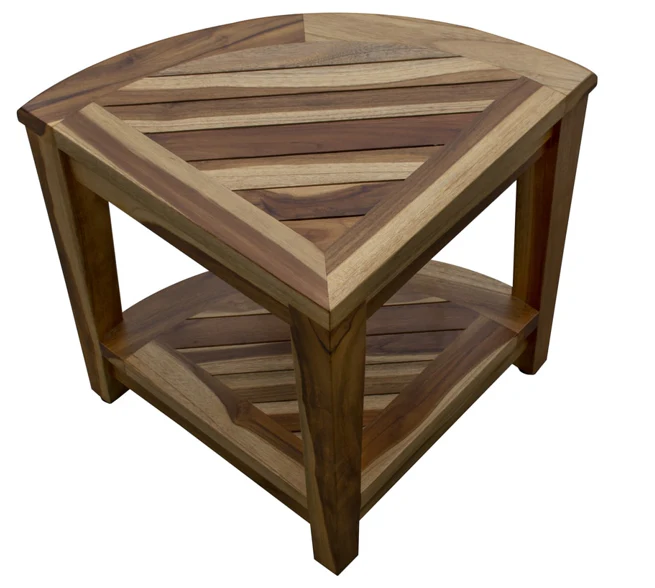 Compact Teak Wide Corner Shower Outdoor Bench with Shelf in Natural Finish By Homeroots - Image 4