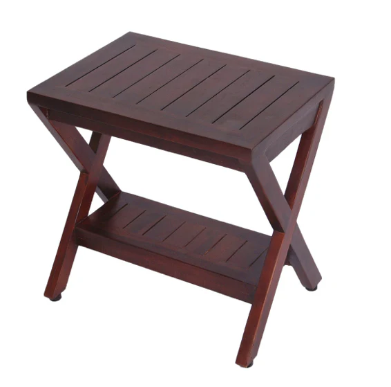 Compact X Shape Teak Shower Outdoor Bench with Shelf in Brown Finish By Homeroots - Image 2