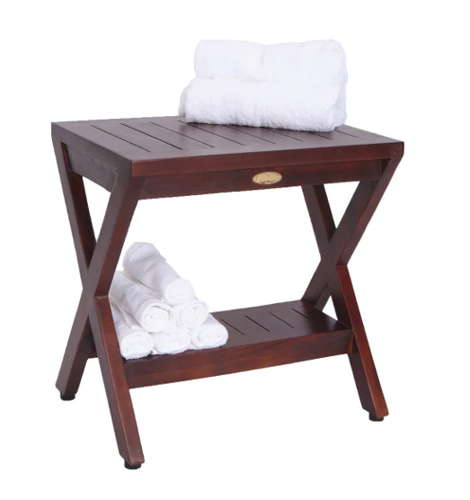 Compact X Shape Teak Shower Outdoor Bench with Shelf in Brown Finish By Homeroots - Image 3