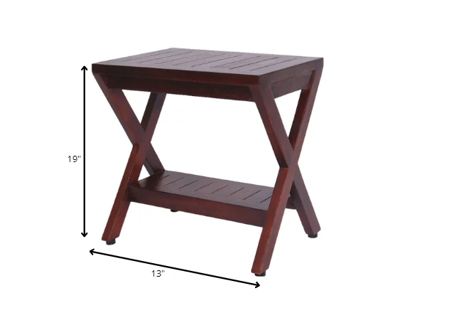Compact X Shape Teak Shower Outdoor Bench with Shelf in Brown Finish By Homeroots - Image 5