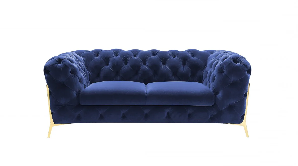 Contemporary 74" Blue Velvet And Gold Loveseat By Homeroots - Image 3