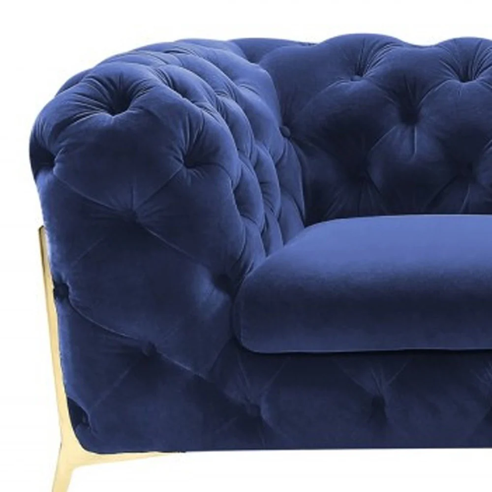 Contemporary 74" Blue Velvet And Gold Loveseat By Homeroots - Image 4
