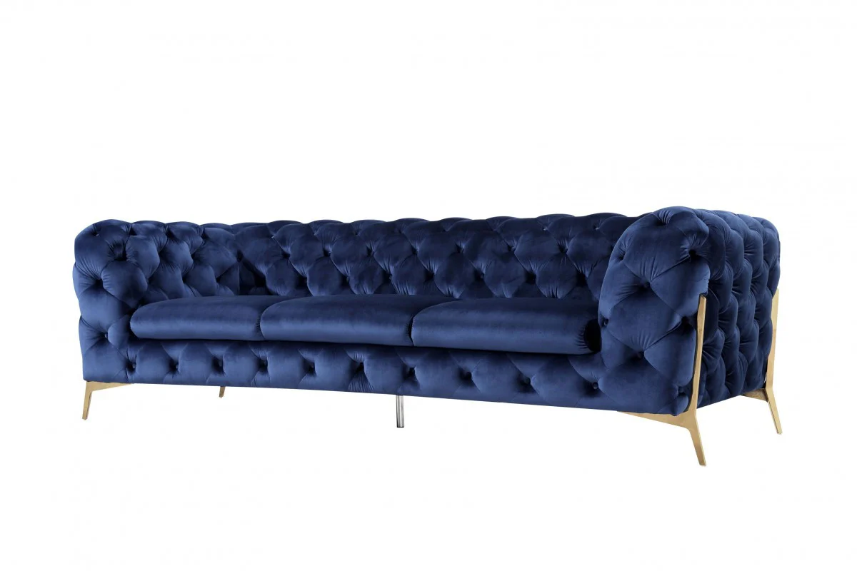 Contemporary 97" Blue Velvet And Gold Accent Sofa By Homeroots - Image 2