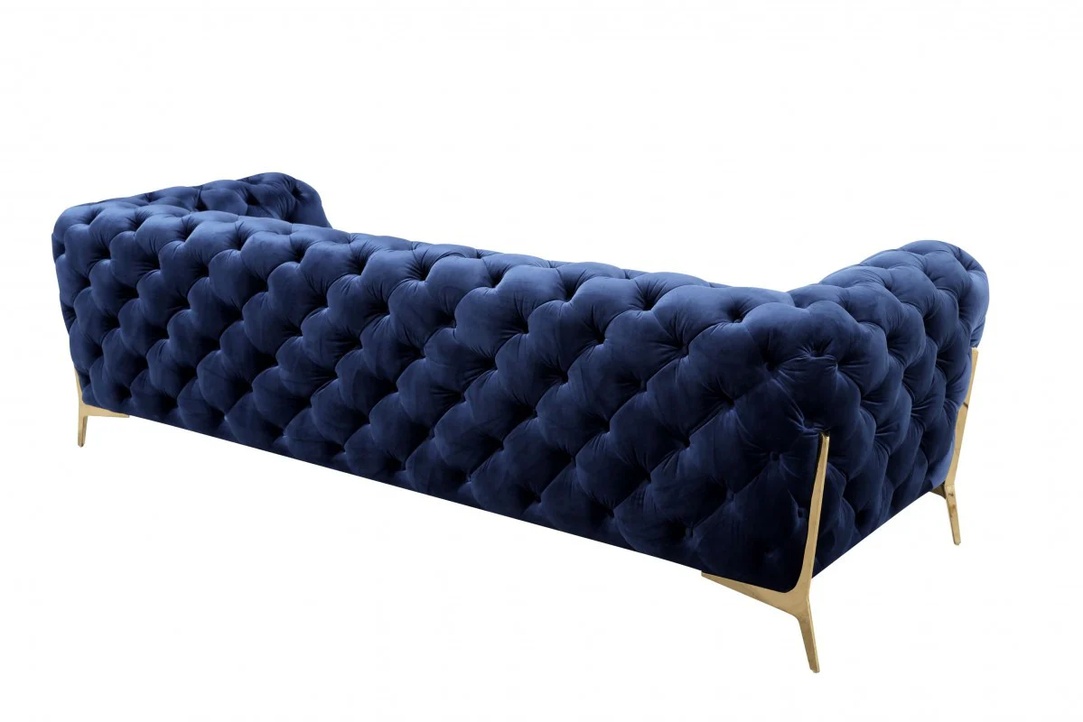 Contemporary 97" Blue Velvet And Gold Accent Sofa By Homeroots - Image 3