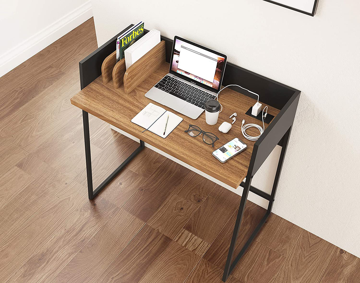 Contemporary Brown and Black Computer And Writing Desk with USB Port By Homeroots - Image 2