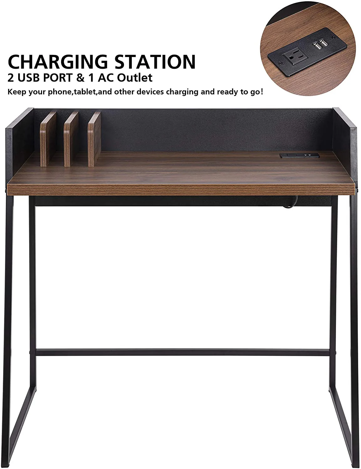 Contemporary Brown and Black Computer And Writing Desk with USB Port By Homeroots - Image 4