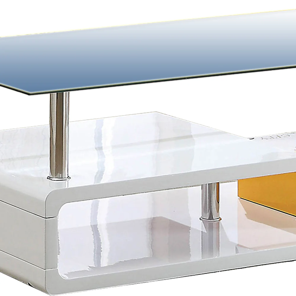 Contemporary Coffee Table With Multi Level Curled Open Shelf, White By Benzara - Image 4