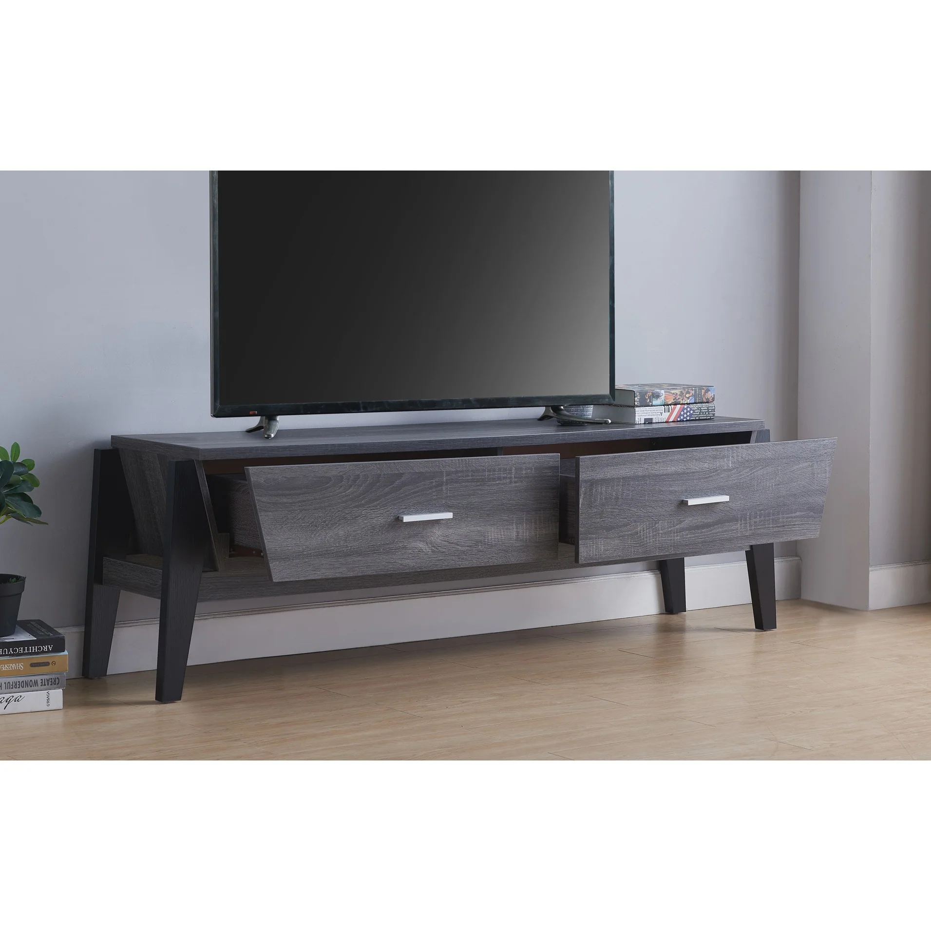 Contemporary Distressed Gray and Black TV Stand By Homeroots - Image 2
