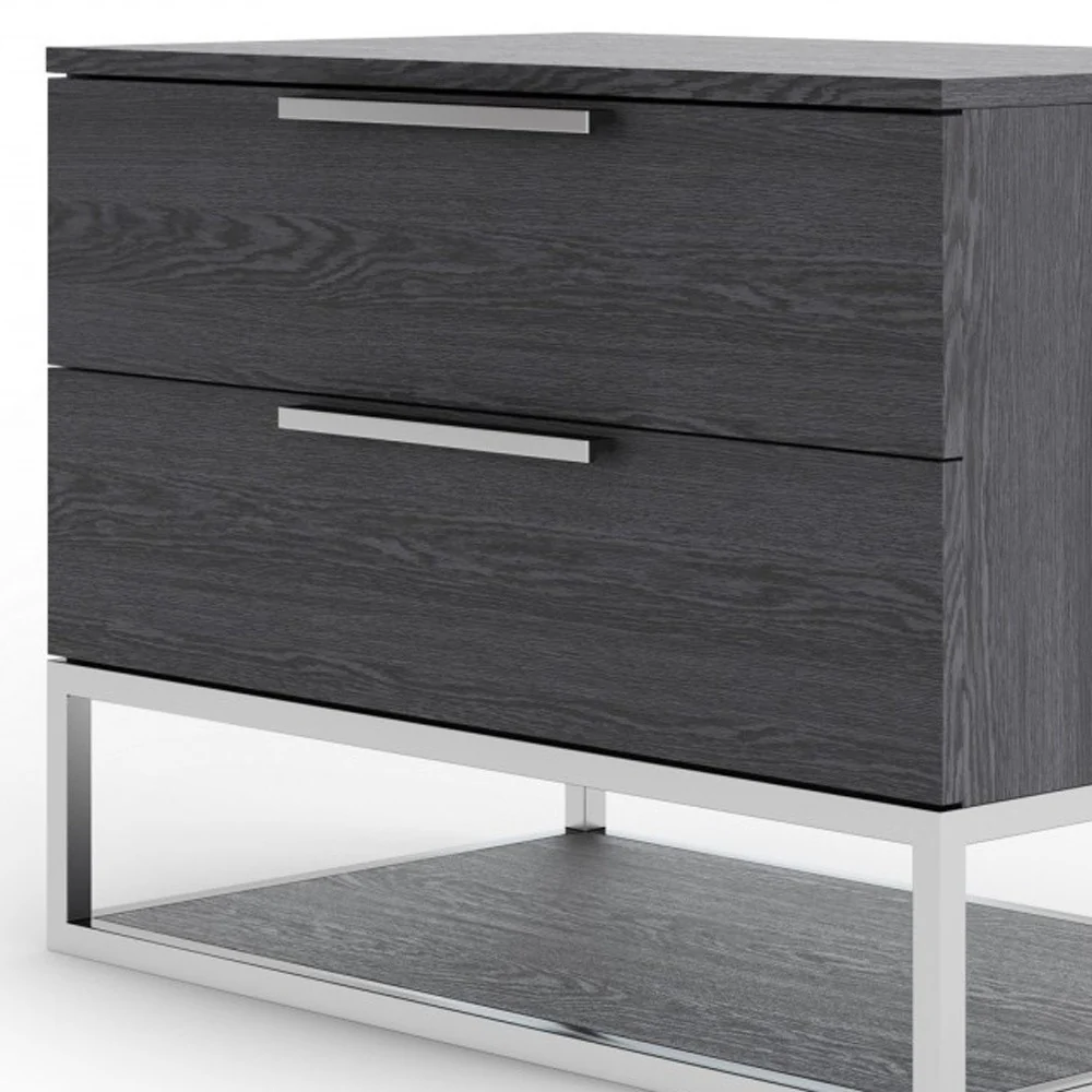 Contemporary Elm Gray And Stainless Steel Nightstand With Two Drawers By Homeroots - Image 5