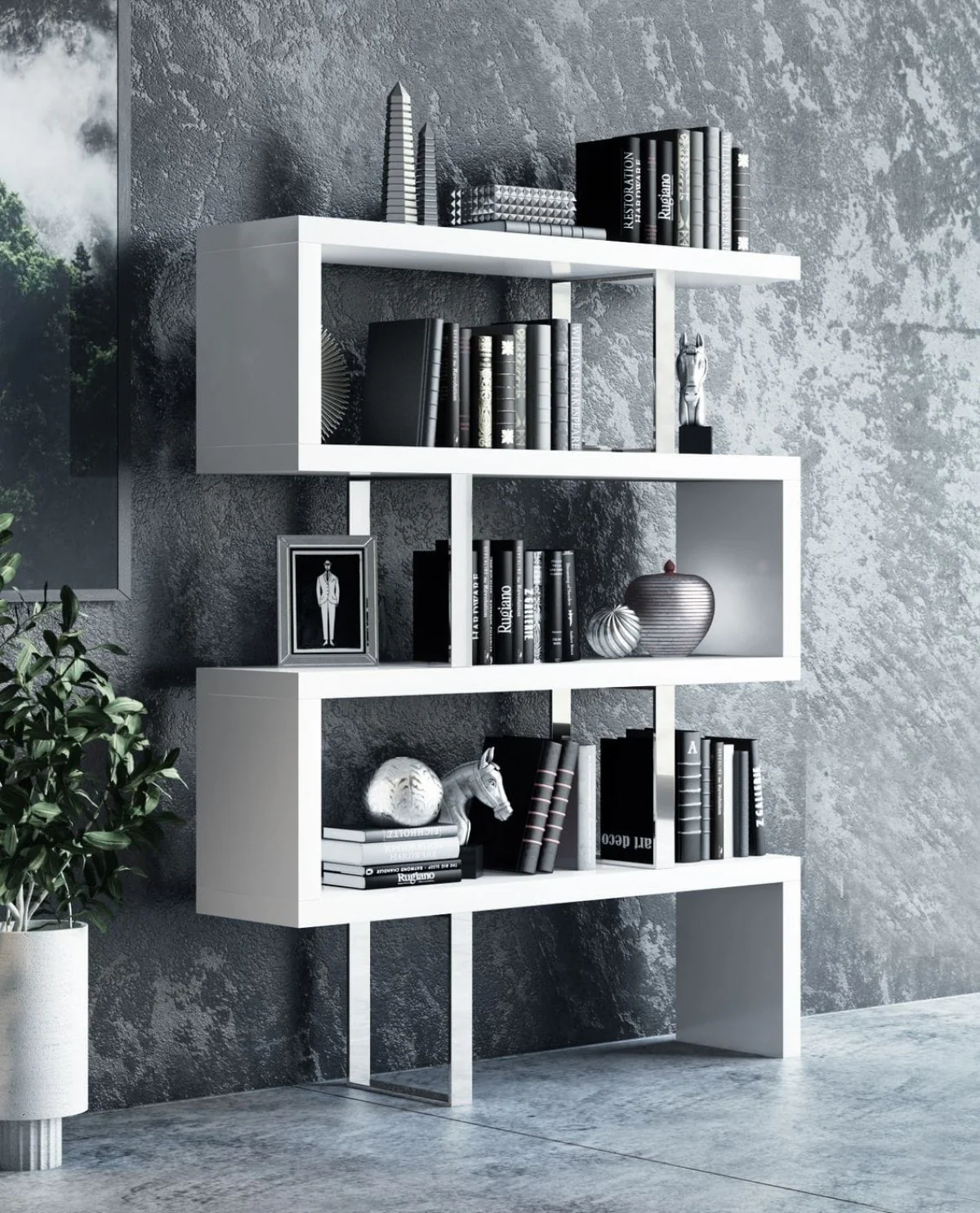 Contemporary High Gloss White Zig Zag Bookcase By Homeroots - Image 2