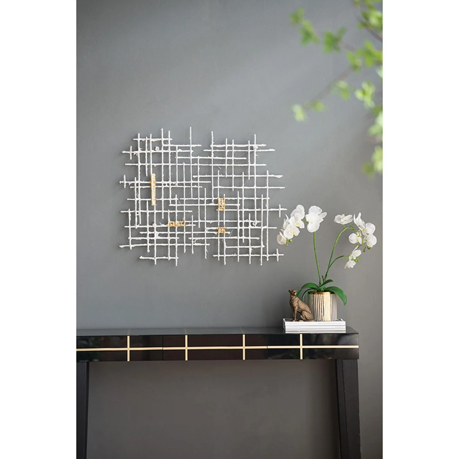Contemporary Large White and Gold Geo Grid Wall Art By Homeroots - Image 6
