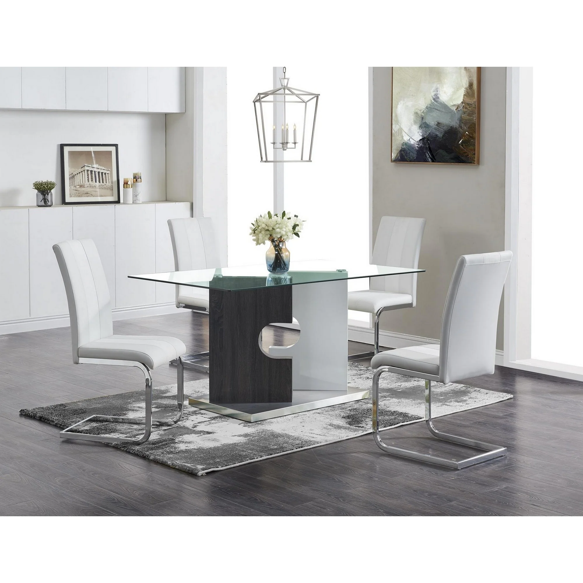 Contemporary Puzzle Gray And White Double Base Glass Dining Table By Homeroots - Image 2