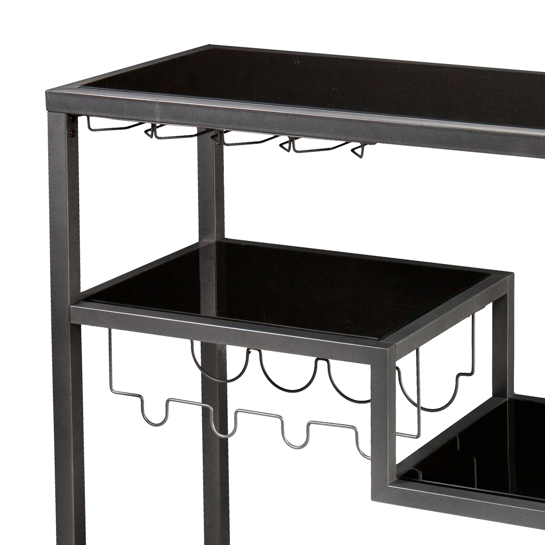 Contemporary Style Metal Bar Cart With Tempered Glass Shelves, Gunmetal Gray Black By Benzara - Image 2
