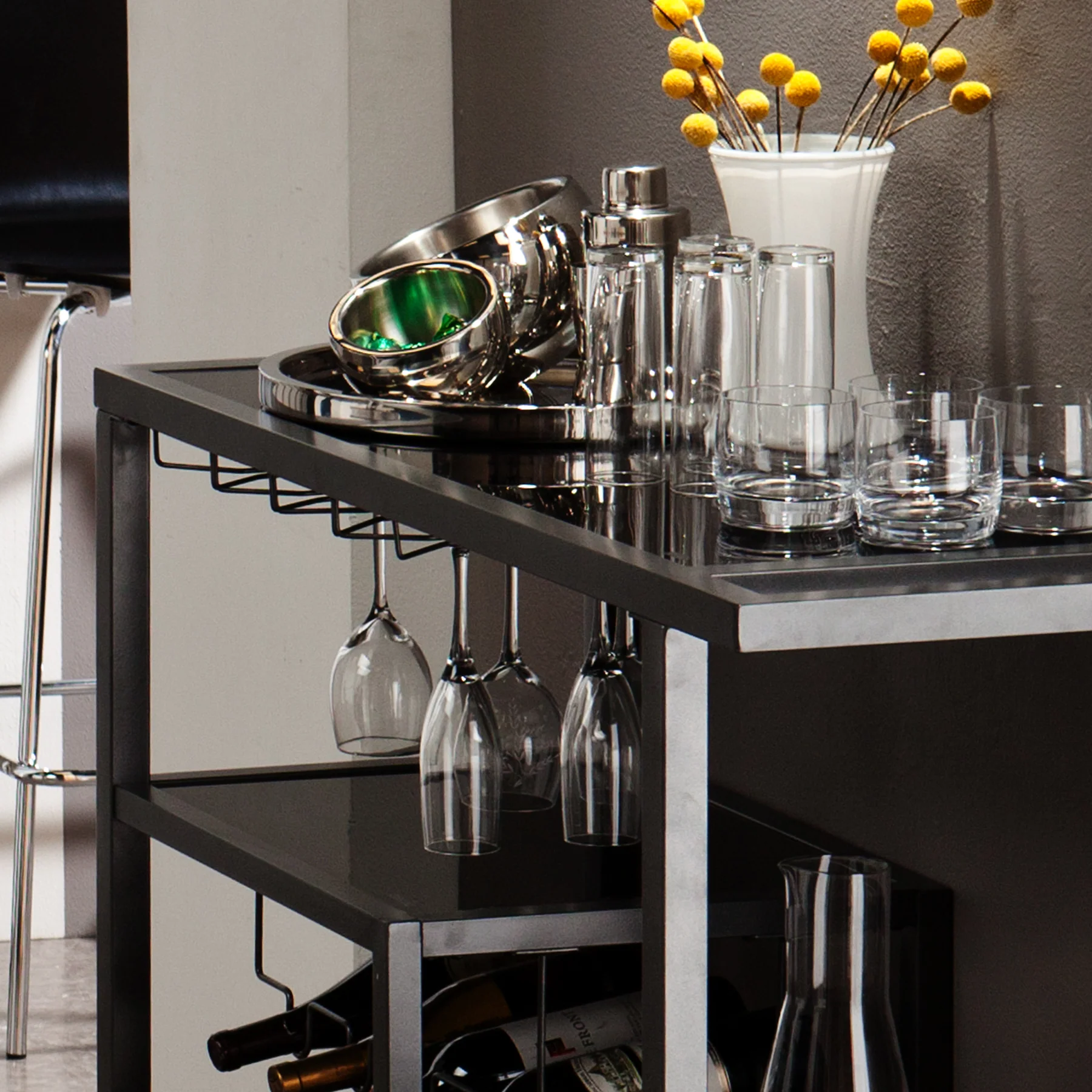 Contemporary Style Metal Bar Cart With Tempered Glass Shelves, Gunmetal Gray Black By Benzara - Image 3