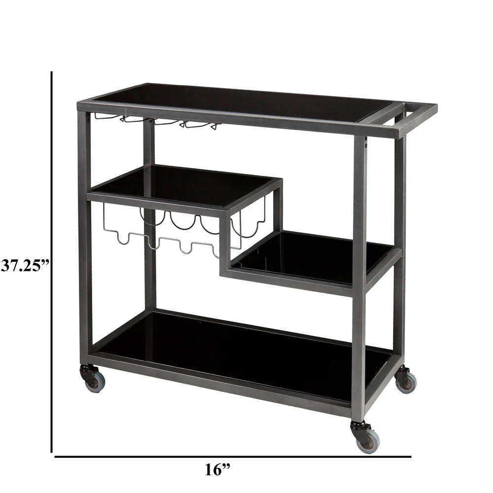 Contemporary Style Metal Bar Cart With Tempered Glass Shelves, Gunmetal Gray Black By Benzara - Image 4