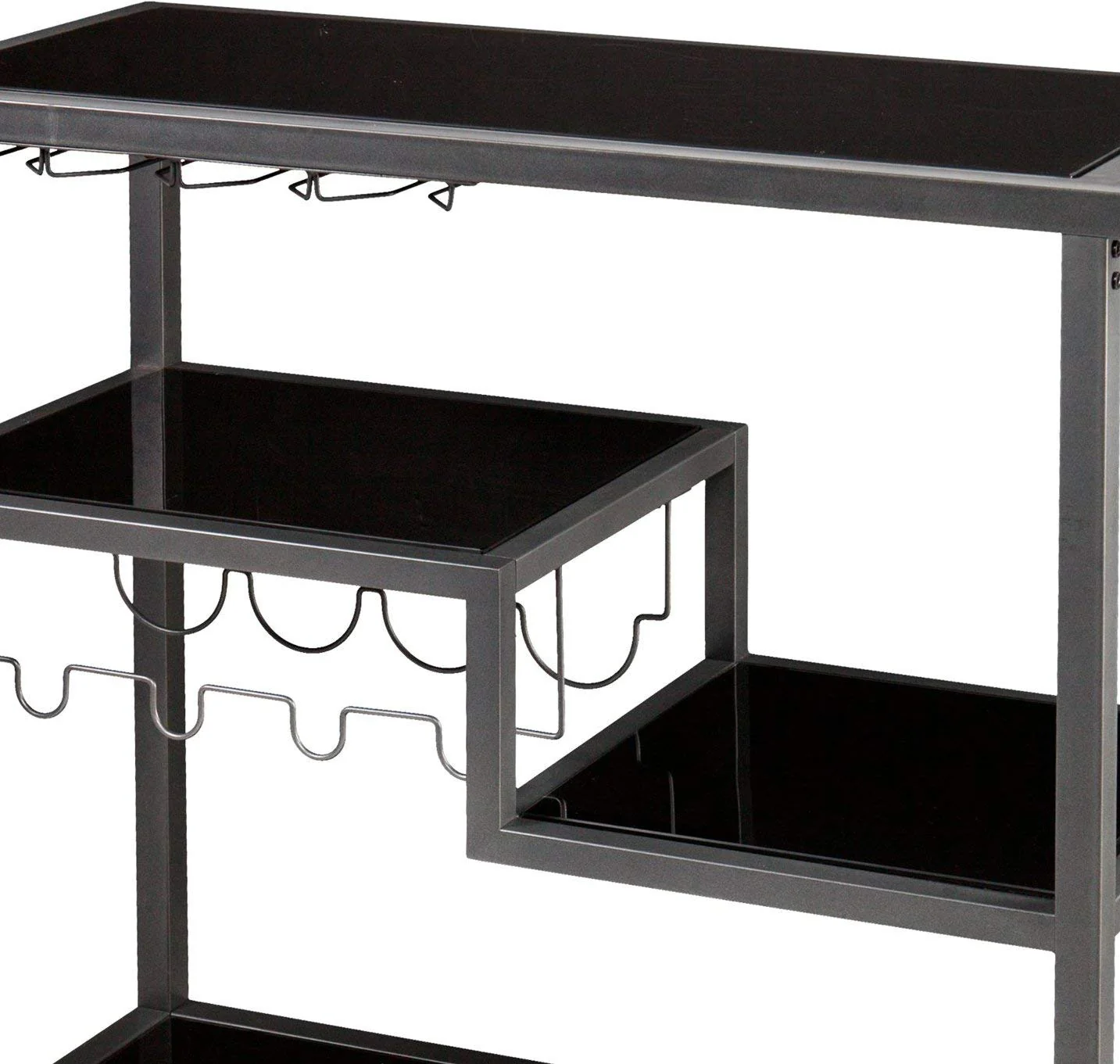 Contemporary Style Metal Bar Cart With Tempered Glass Shelves, Gunmetal Gray Black By Benzara - Image 5