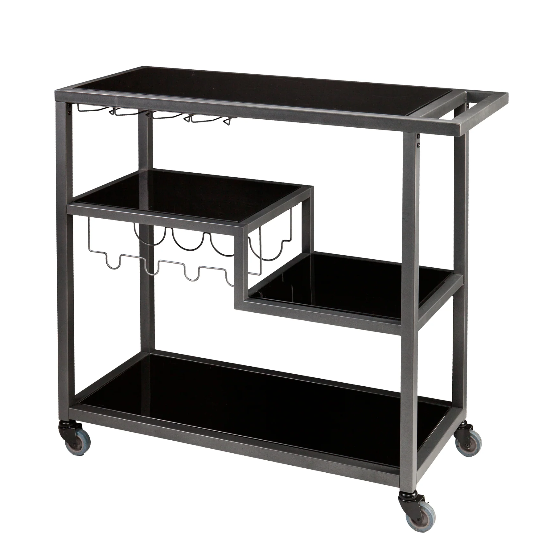 Contemporary Style Metal Bar Cart With Tempered Glass Shelves, Gunmetal Gray Black By Benzara - Image 6