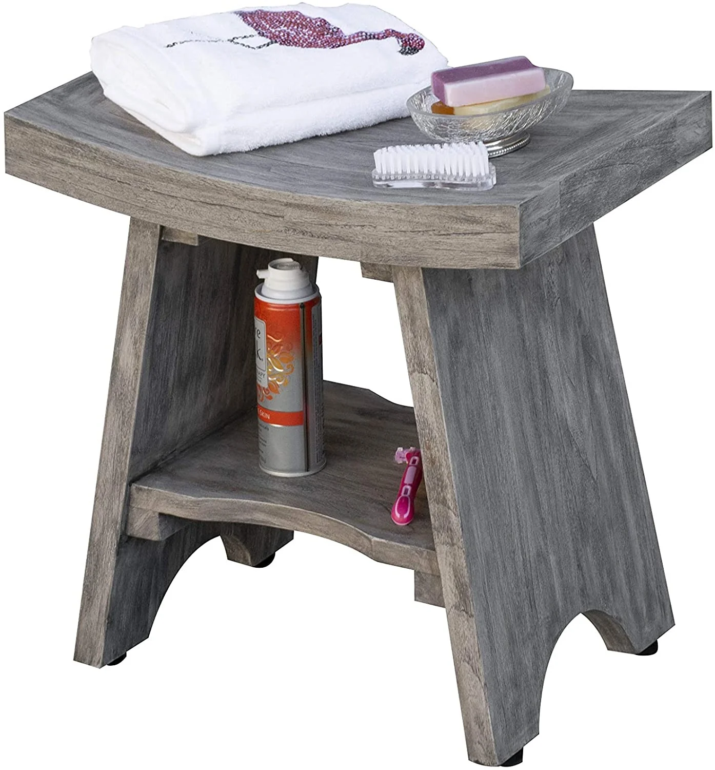 Contemporary Teak Shower or Bench with Shelf in Gray Finish By Homeroots - Image 6