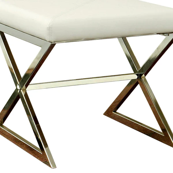 Contemporary Upholstered Stool Metal Base, White By Benzara - Image 3