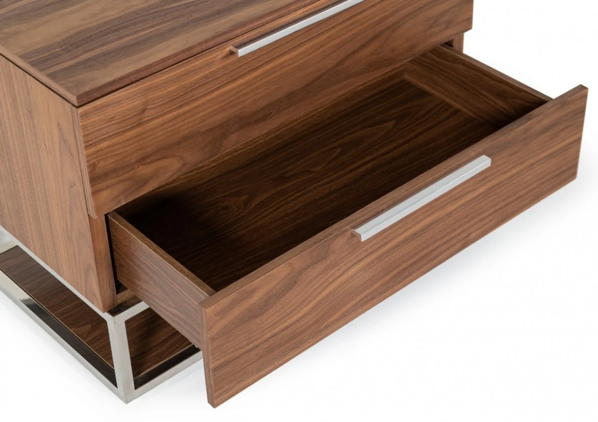 Contemporary Walnut And Stainless Steel Nightstand With Two Drawers By Homeroots - Image 3