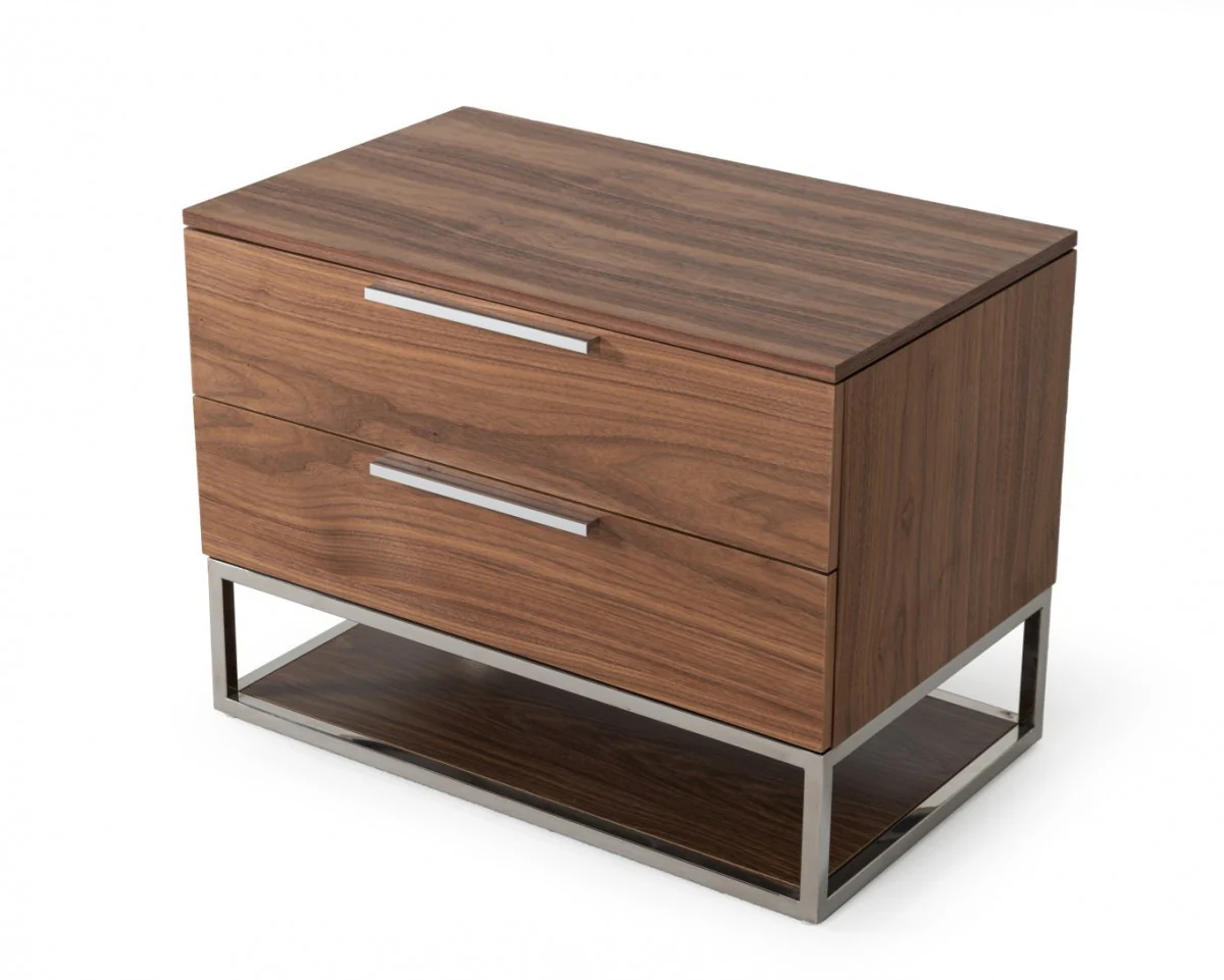 Contemporary Walnut And Stainless Steel Nightstand With Two Drawers By Homeroots - Image 4