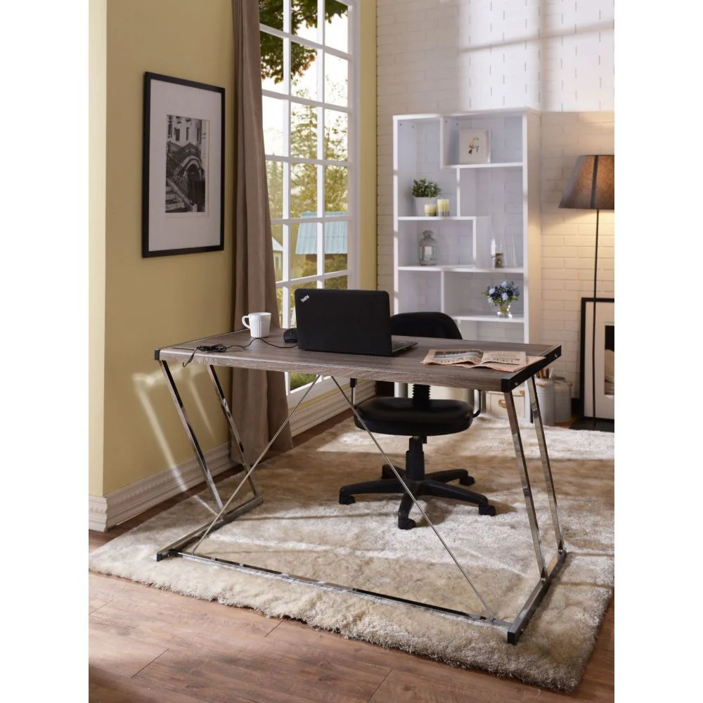Cool Oak and Chrome USB Desk By Homeroots - Image 5