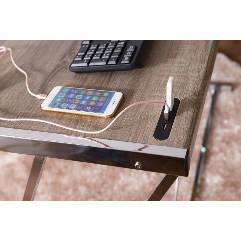 Cool Oak and Chrome USB Desk By Homeroots - Image 6