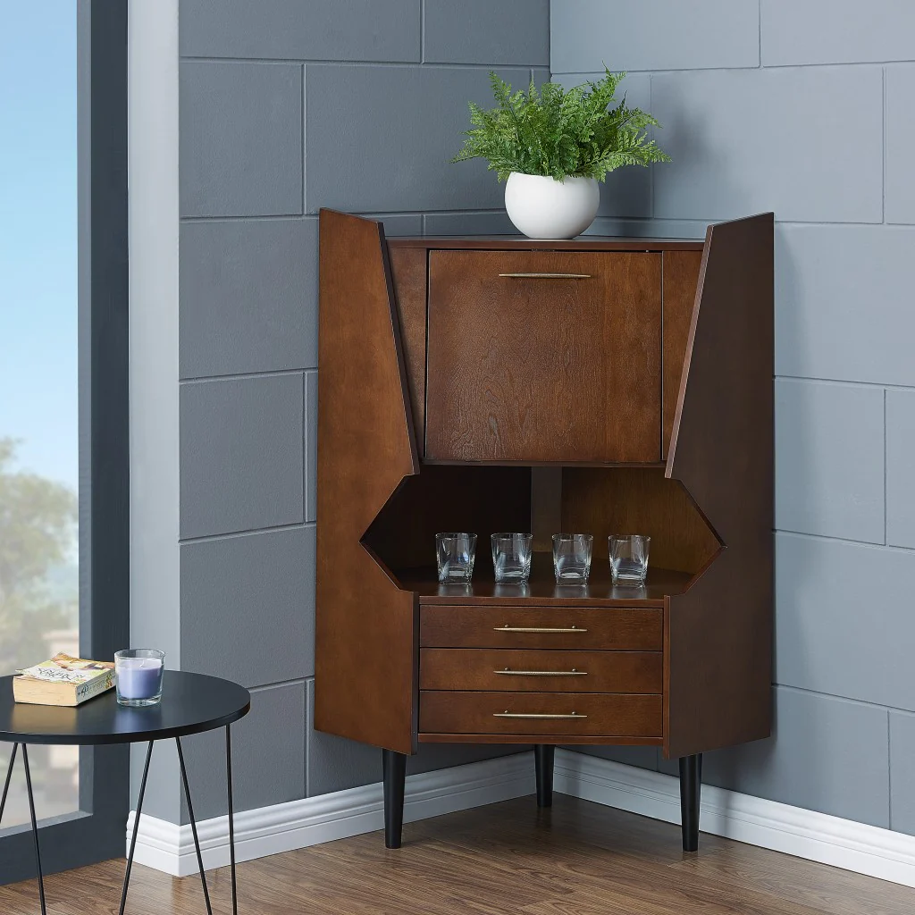Cosmo Brown And Black Corner Bar Cabinet By Homeroots - Image 2