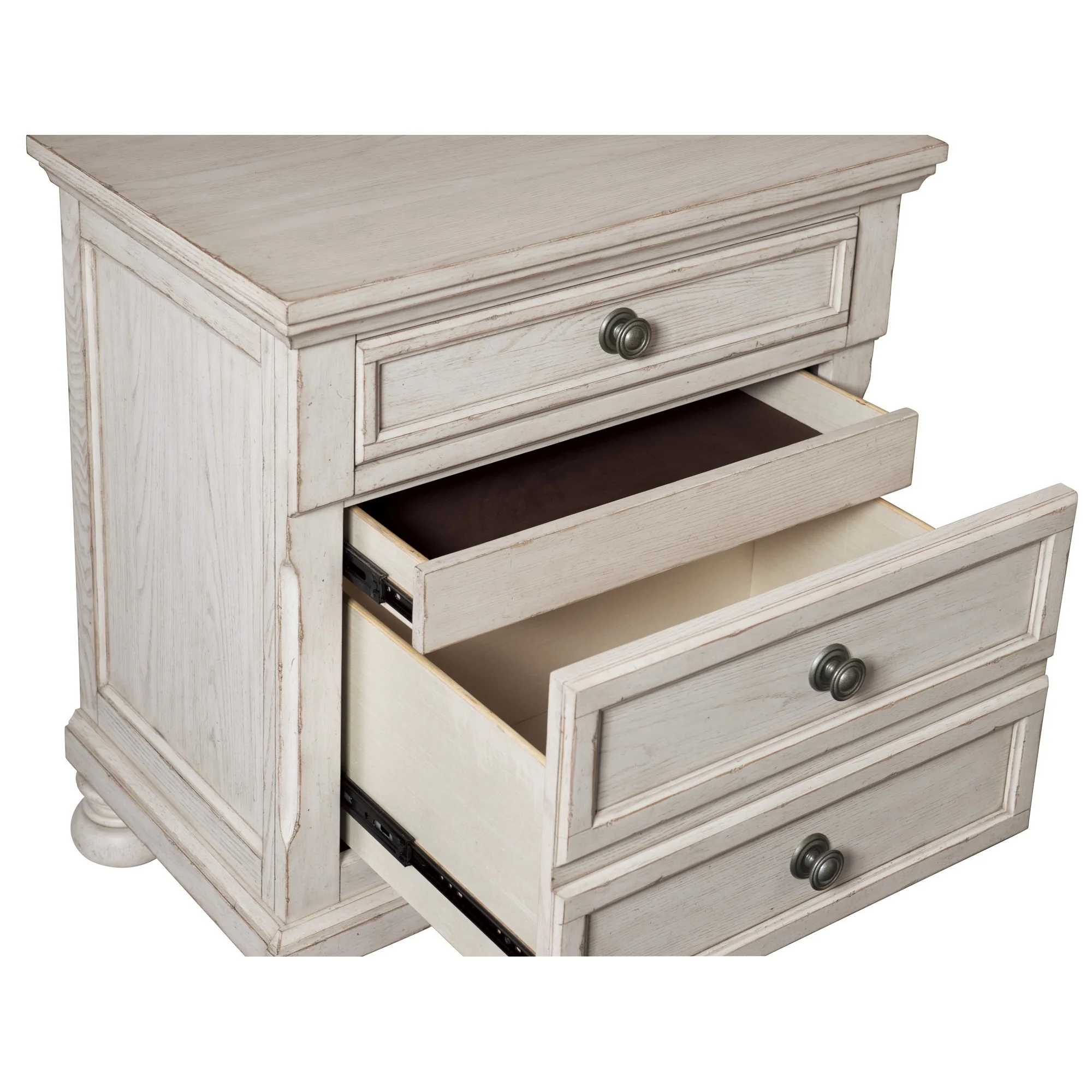 Cottage 2 Drawer Nightstand With Molded Details And Bun Feet, Antique White By Benzara - Image 4