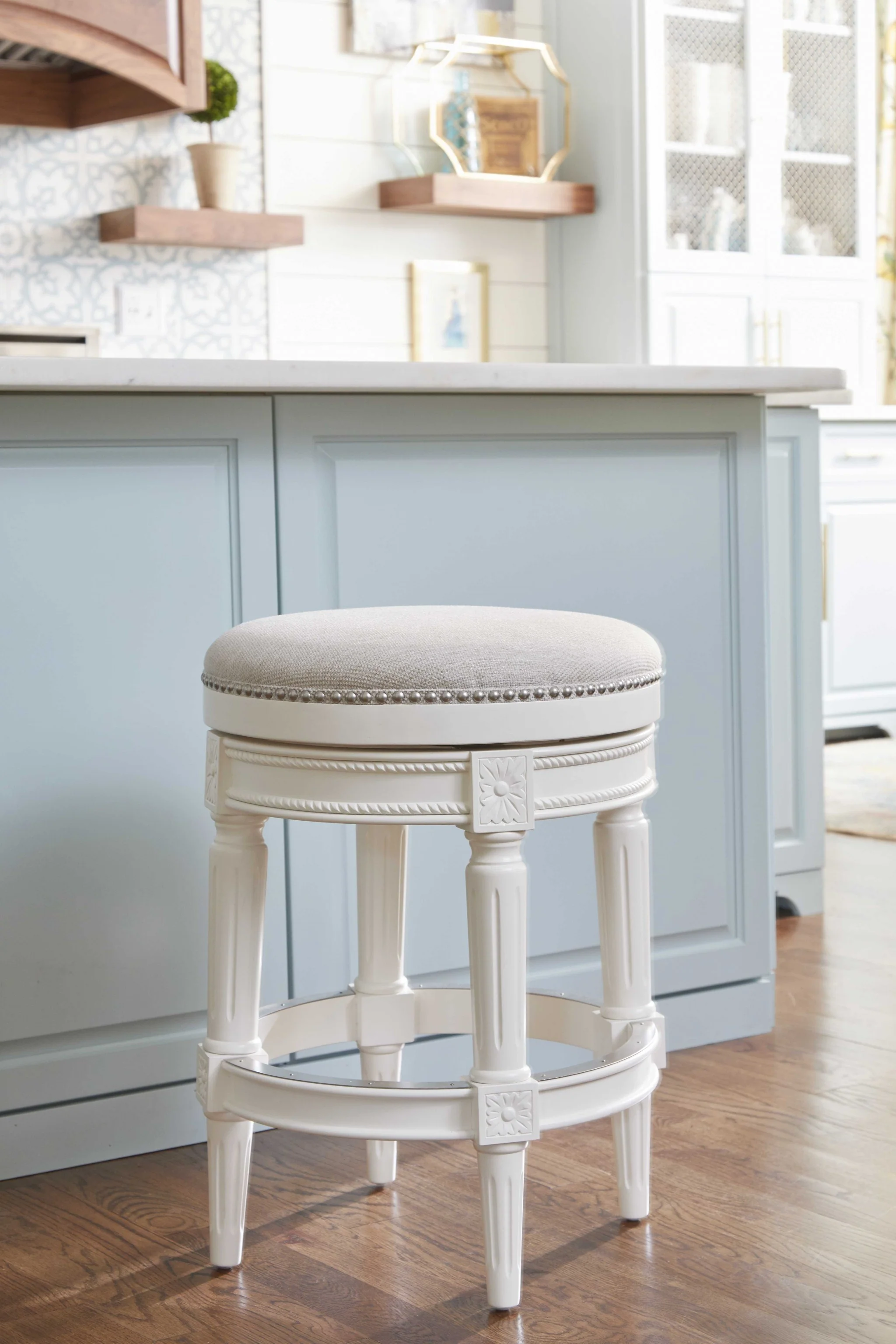Counter Height Round Counter Stool In Alabaster White Fabric By Homeroots - Image 2