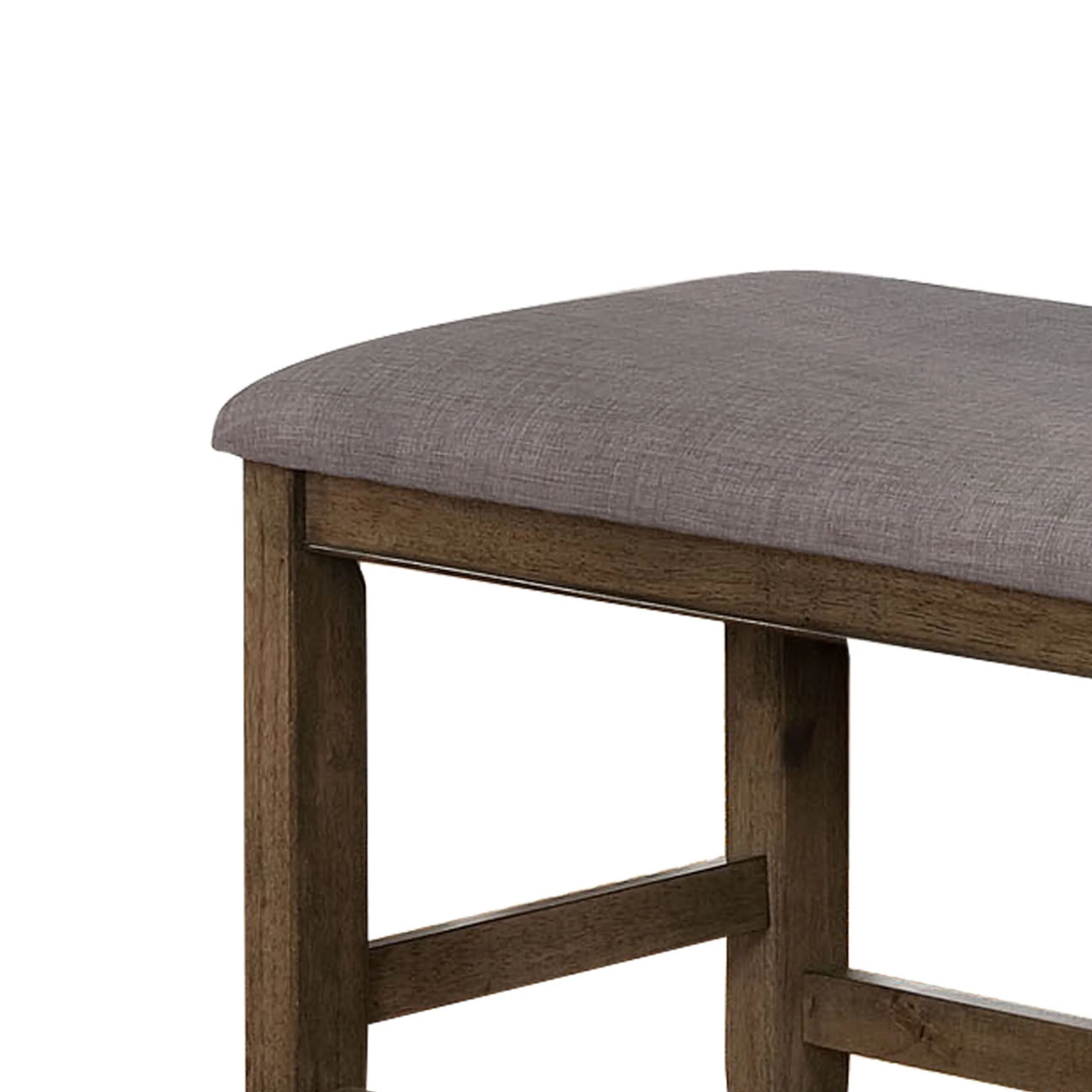 Counter Height Wooden Bench With Fabric Upholstered Seat, Brown And Gray By Benzara - Image 2