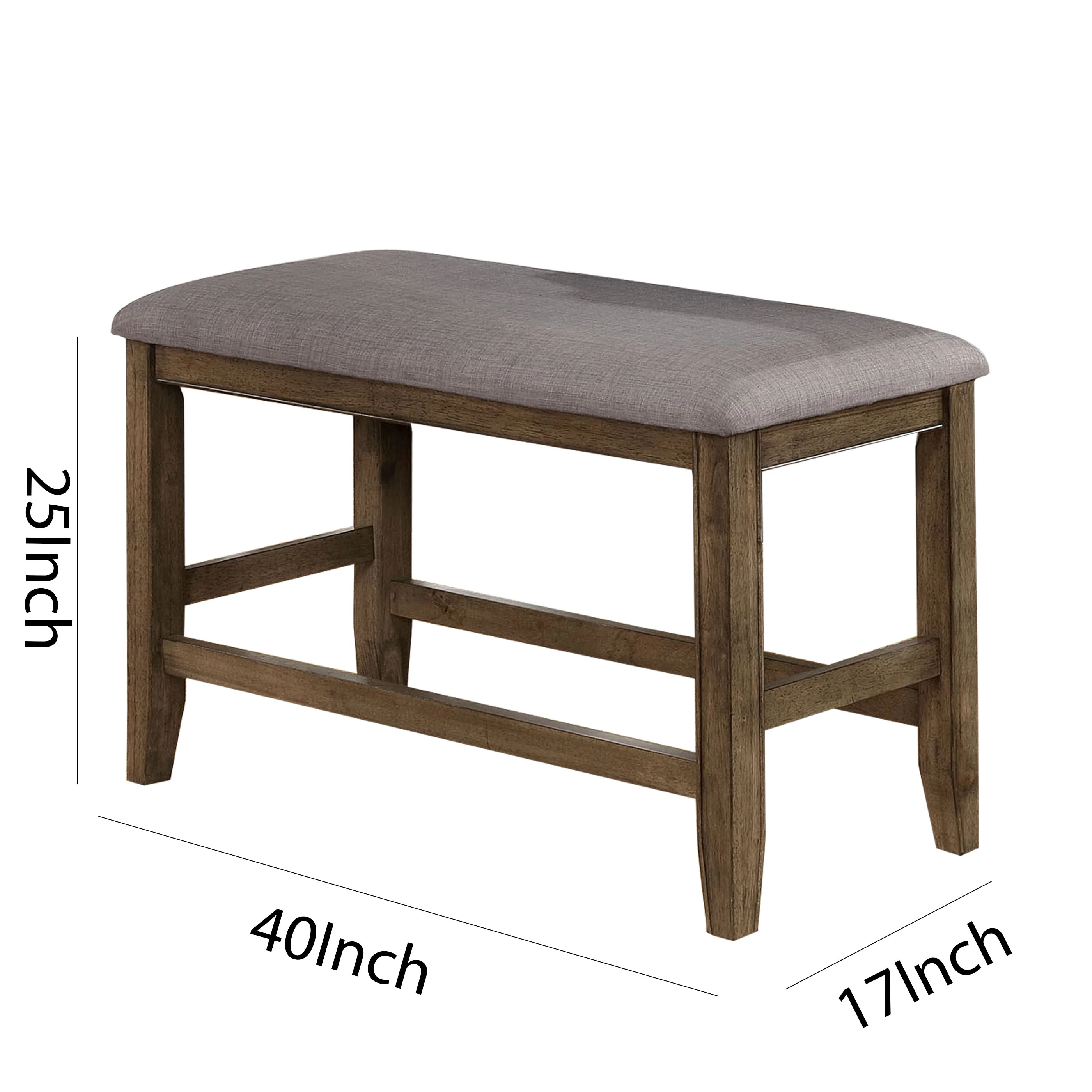 Counter Height Wooden Bench With Fabric Upholstered Seat, Brown And Gray By Benzara - Image 5