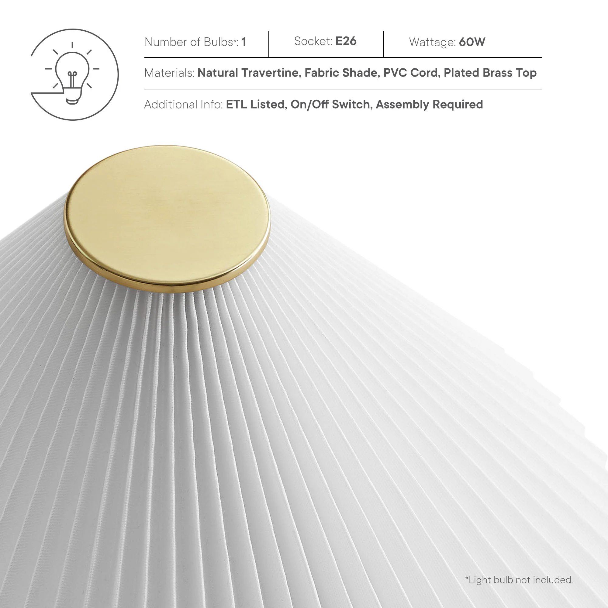 Cove Travertine Table Lamp With Pleated Shade by Modway - Image 13
