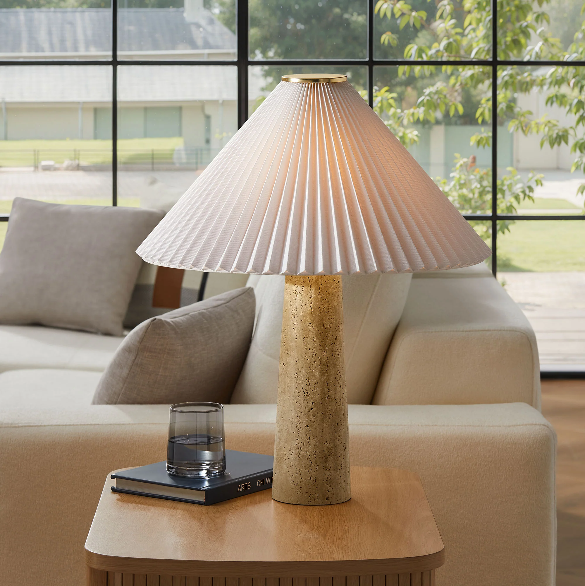 Cove Travertine Table Lamp With Pleated Shade by Modway - Image 3