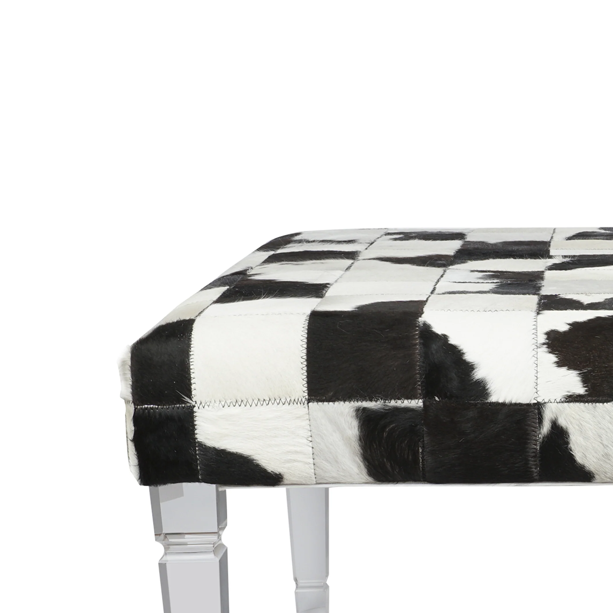 Cow Hide Upholstered Bench with Acrylic Legs, White and Black By Benzara - Image 3