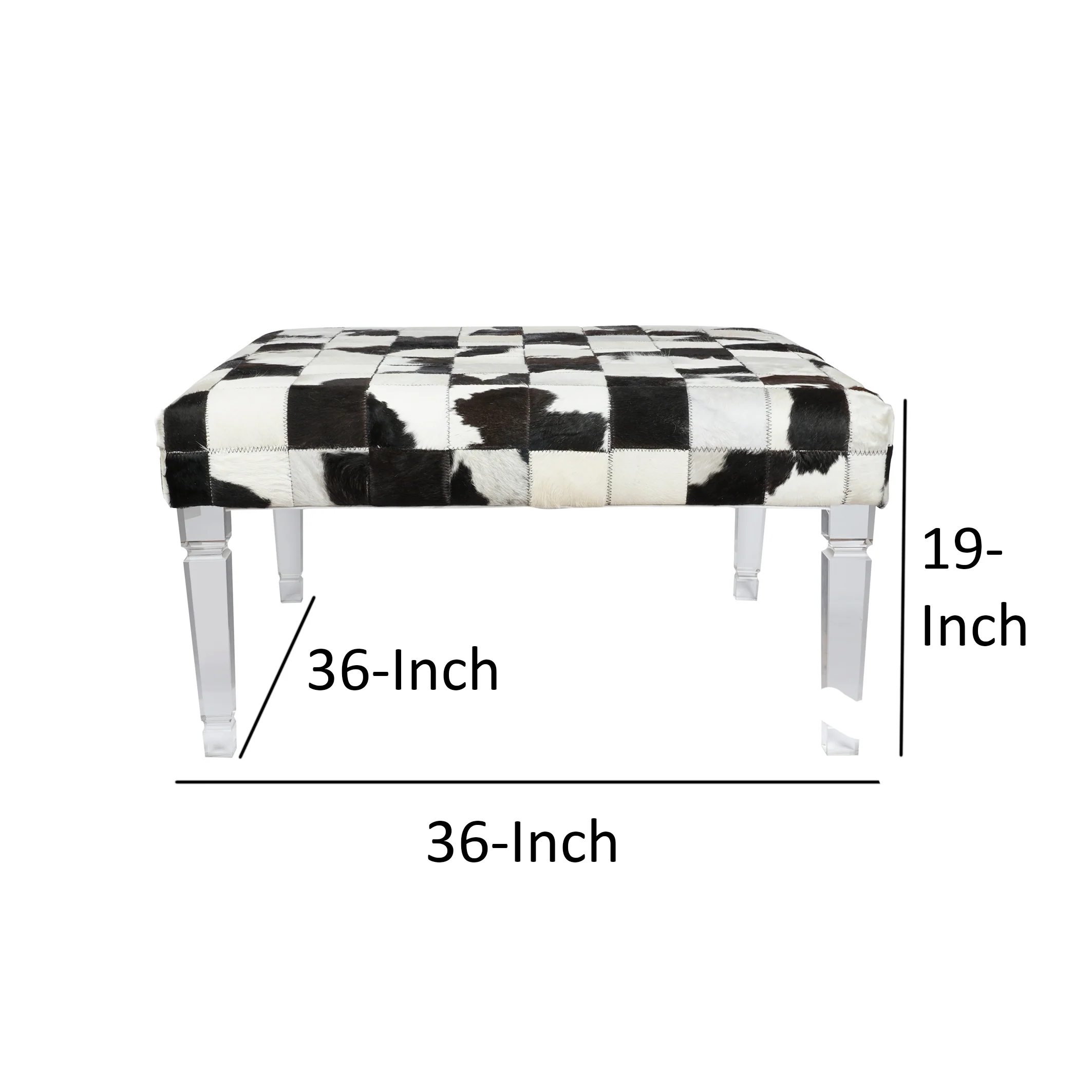 Cow Hide Upholstered Bench with Acrylic Legs, White and Black By Benzara - Image 5
