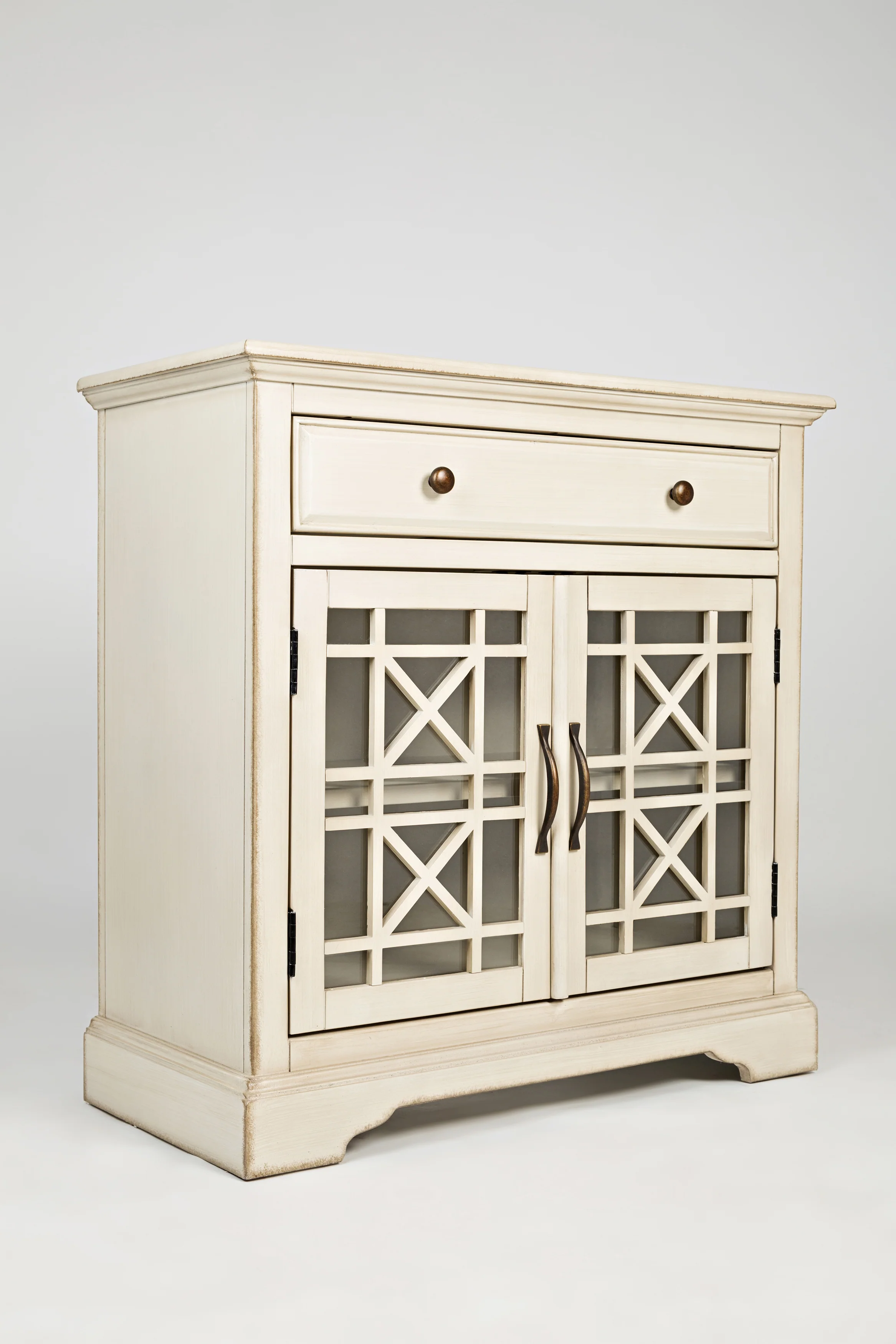 Craftman Series 32 Inch Wooden Accent Cabinet With Fretwork Glass Front, Cream By Benzara - Image 2