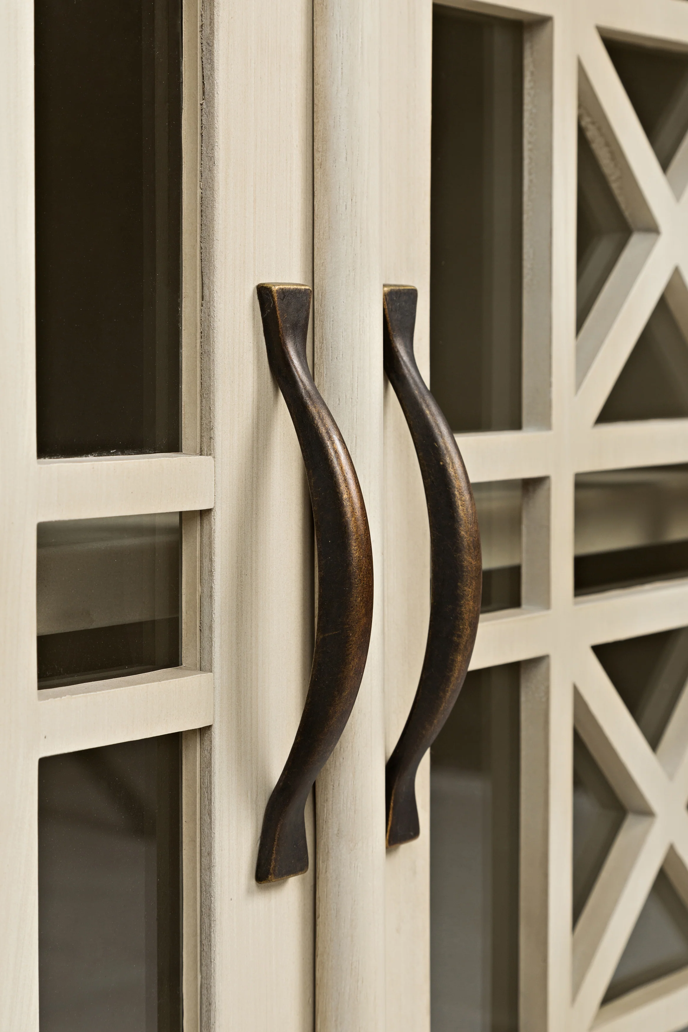 Craftman Series 32 Inch Wooden Accent Cabinet With Fretwork Glass Front, Cream By Benzara - Image 5