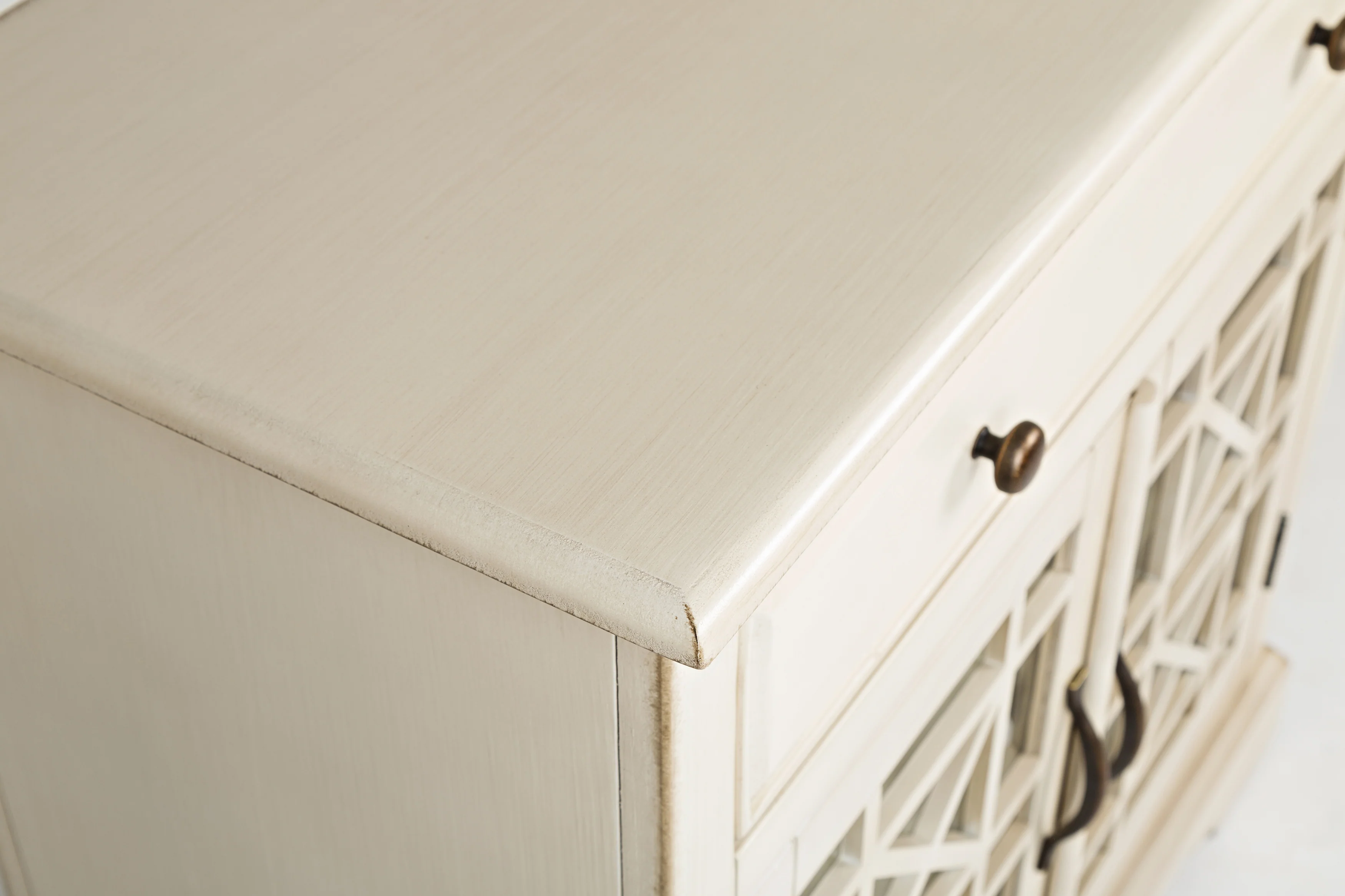 Craftman Series 32 Inch Wooden Accent Cabinet With Fretwork Glass Front, Cream By Benzara - Image 6