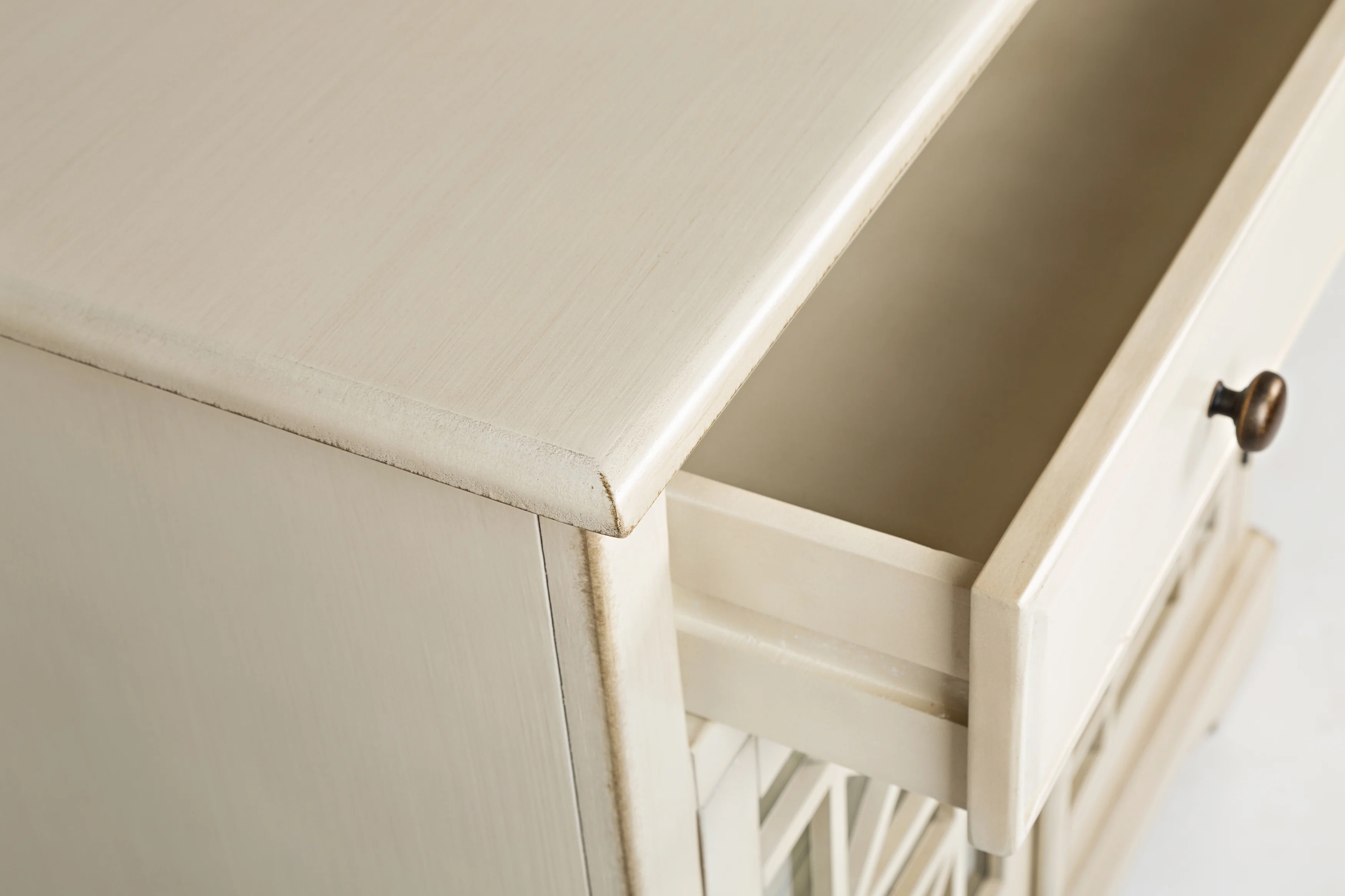 Craftman Series 32 Inch Wooden Accent Cabinet With Fretwork Glass Front, Cream By Benzara - Image 7