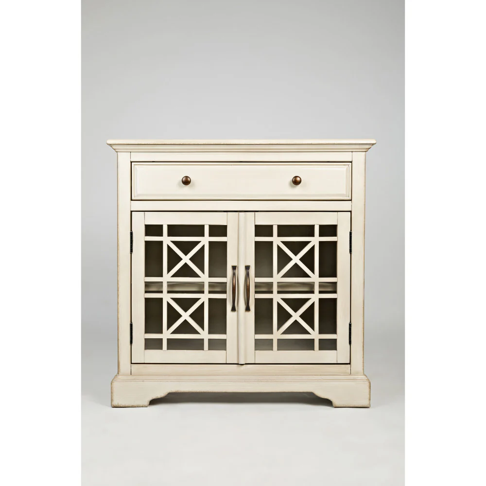 Craftman Series 32 Inch Wooden Accent Cabinet With Fretwork Glass Front, Cream By Benzara - Image 8