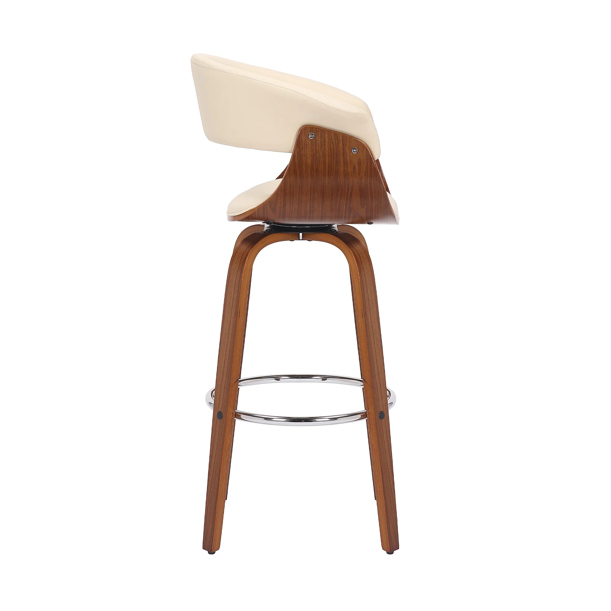 Cream and Brown Faux Leather and Solid Wood Low Back Counter Height Swivel Bar Chair By Homeroots - Image 4