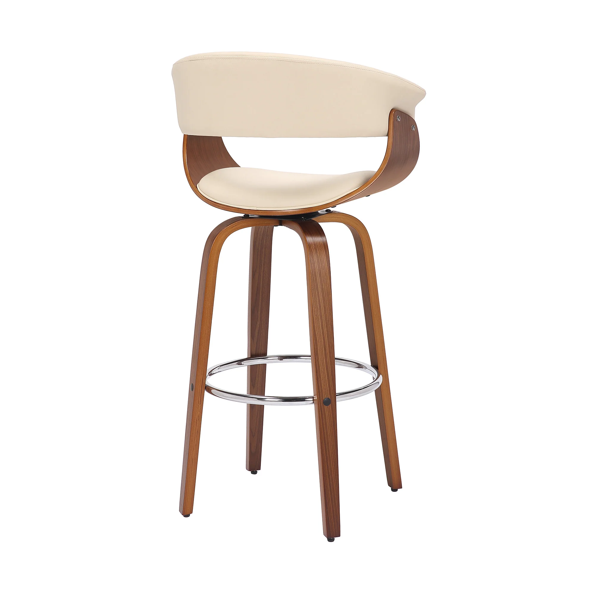 Cream and Brown Faux Leather and Solid Wood Low Back Counter Height Swivel Bar Chair By Homeroots - Image 5