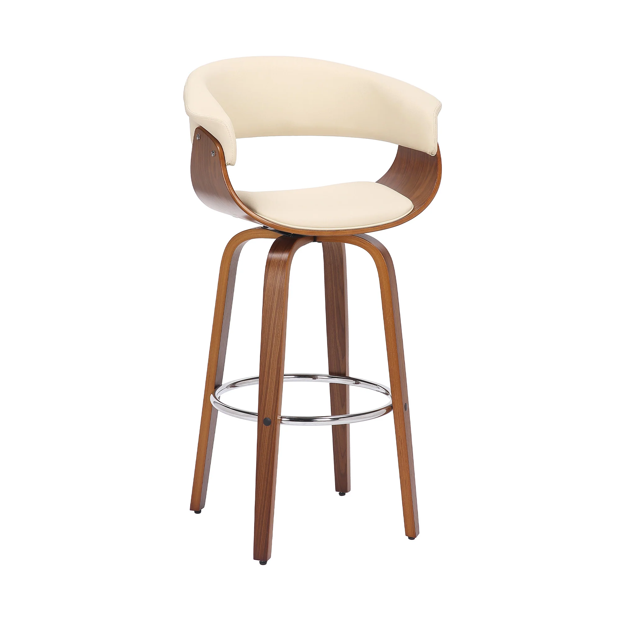 Cream And Brown Faux Leather And Solid Wood Swivel Low Back Bar Height Bar Chair By Homeroots - Image 2
