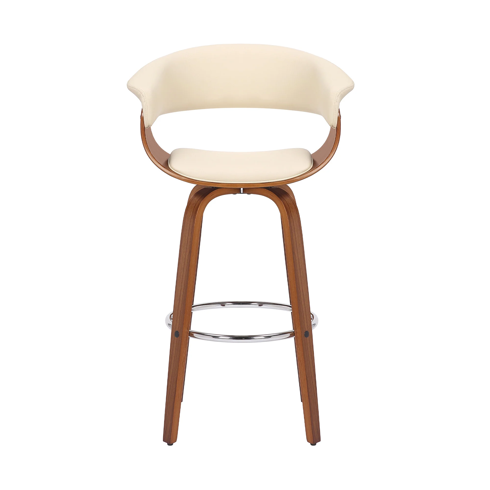 Cream And Brown Faux Leather And Solid Wood Swivel Low Back Bar Height Bar Chair By Homeroots - Image 3
