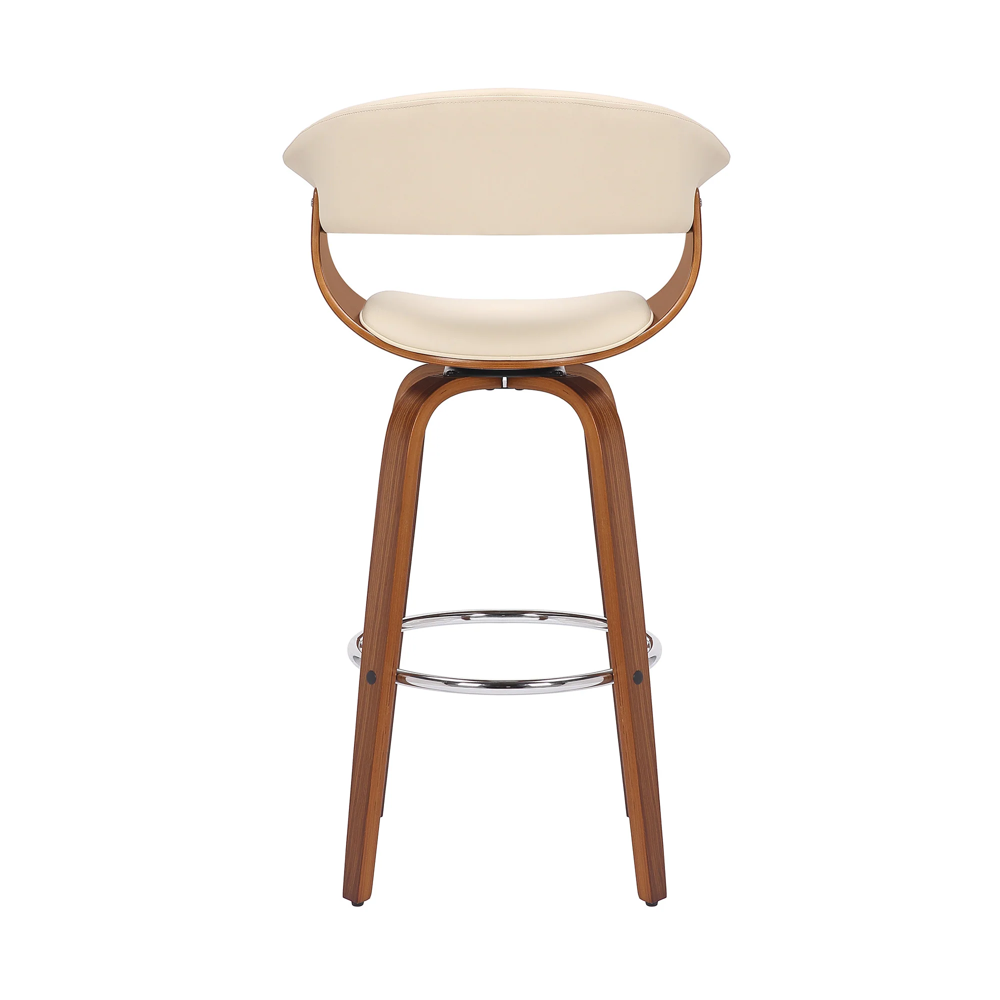Cream And Brown Faux Leather And Solid Wood Swivel Low Back Bar Height Bar Chair By Homeroots - Image 6