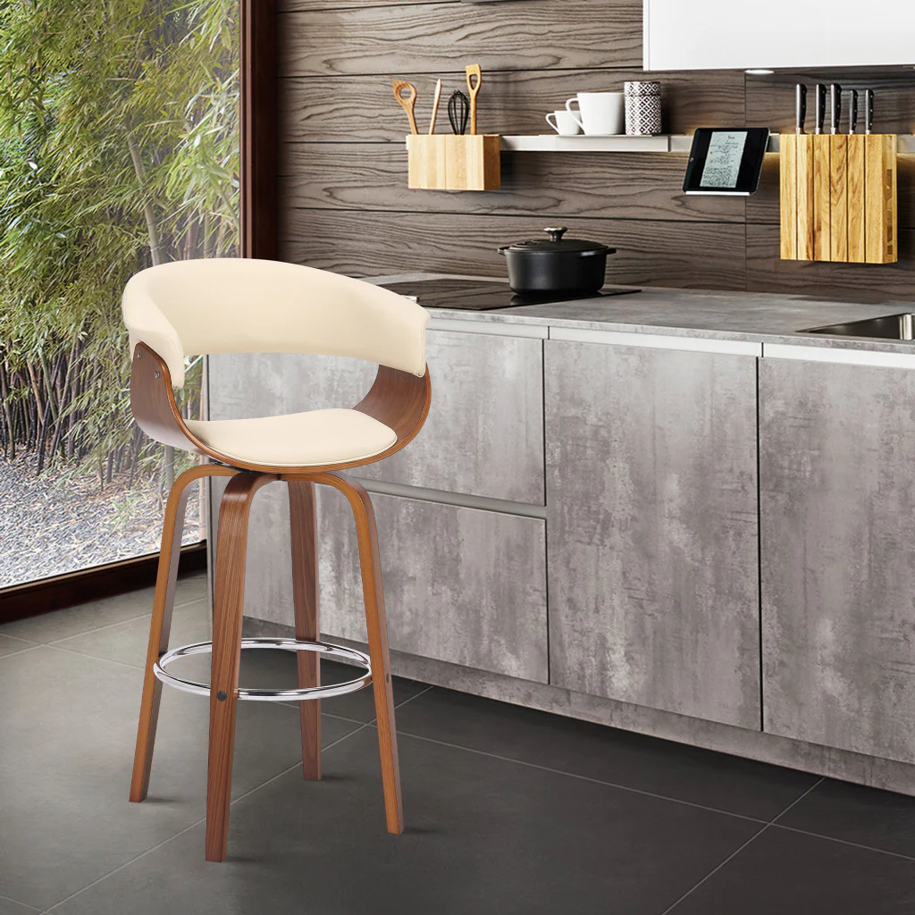Cream And Brown Faux Leather And Solid Wood Swivel Low Back Bar Height Bar Chair By Homeroots - Image 7