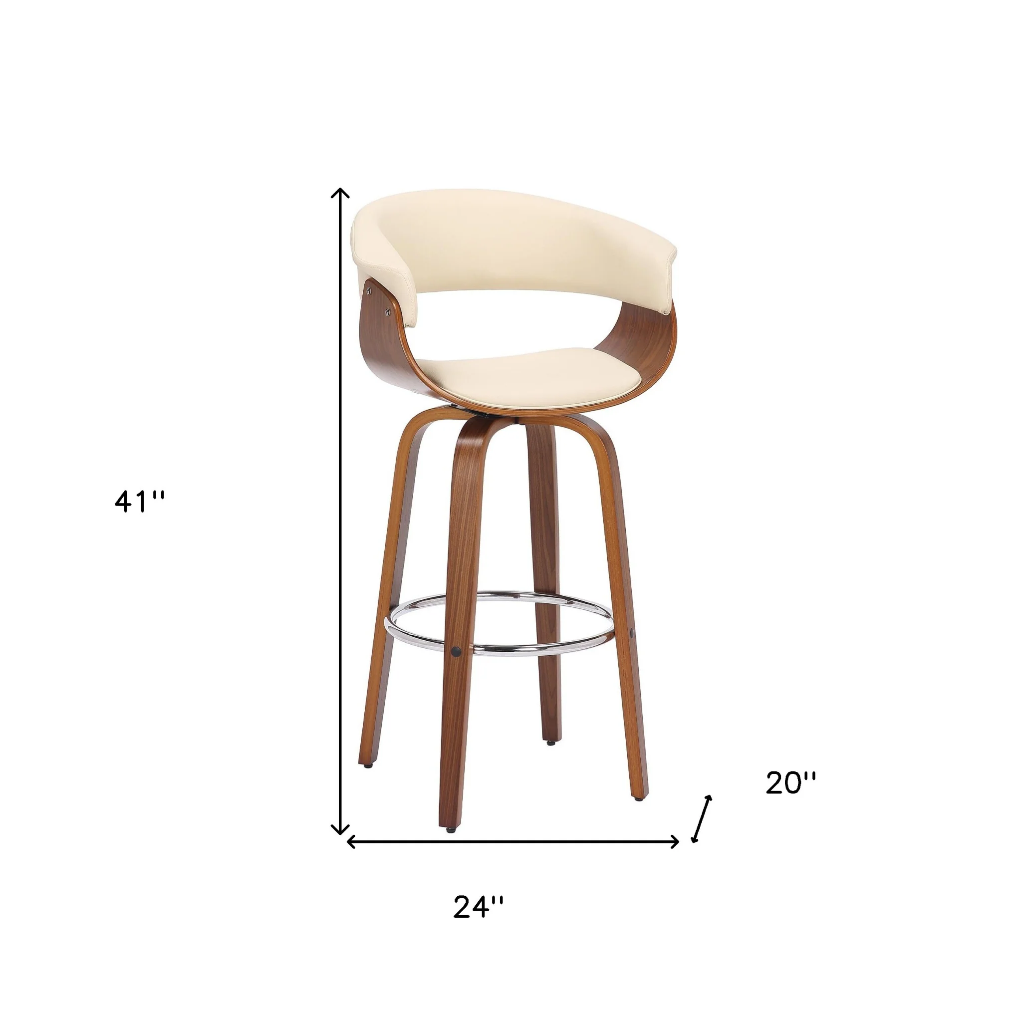 Cream And Brown Faux Leather And Solid Wood Swivel Low Back Bar Height Bar Chair By Homeroots - Image 8